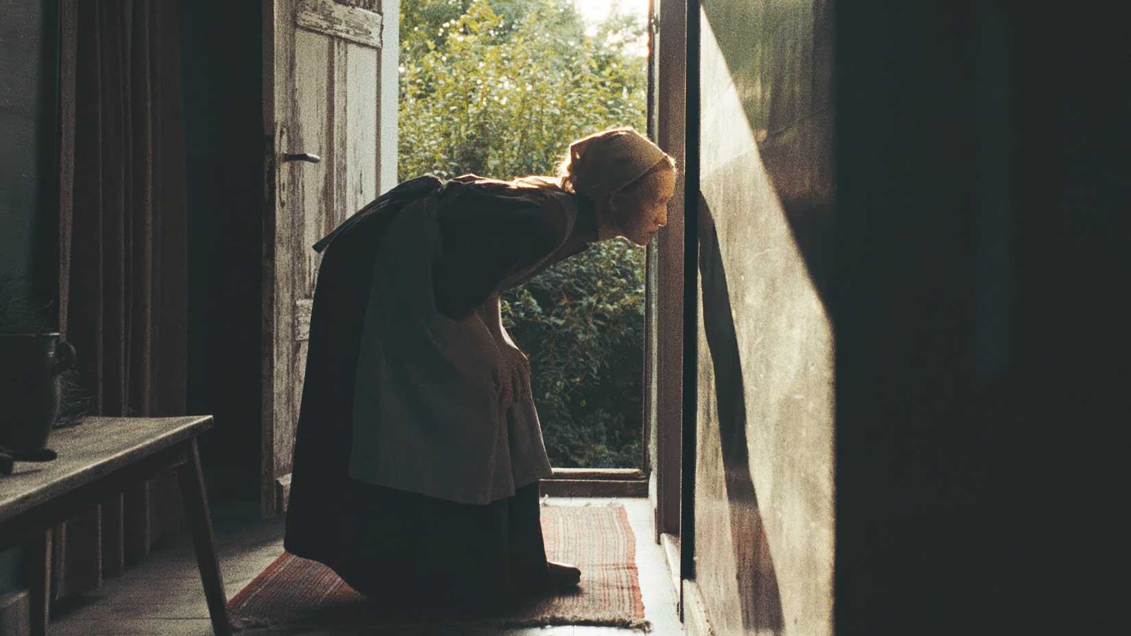 In Sound of Falling beugte sich eine Frau vor, um durch ein Loch in der Wand zu schauen