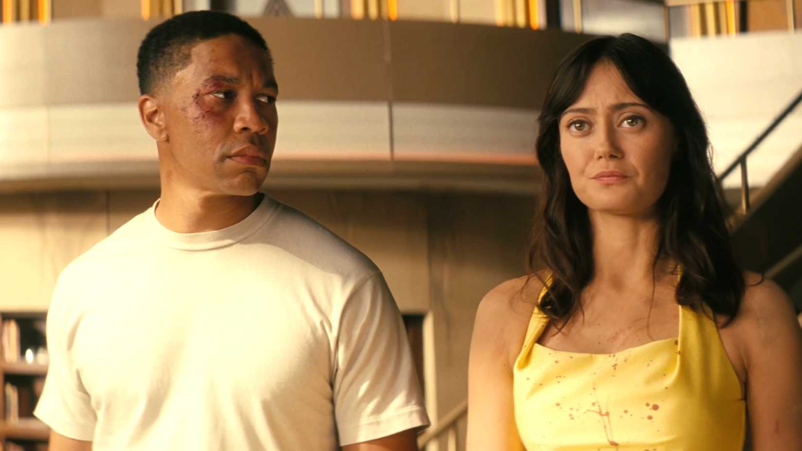 aaron moten s maximus looking at ella purnell s worried lucy in fallout season 2