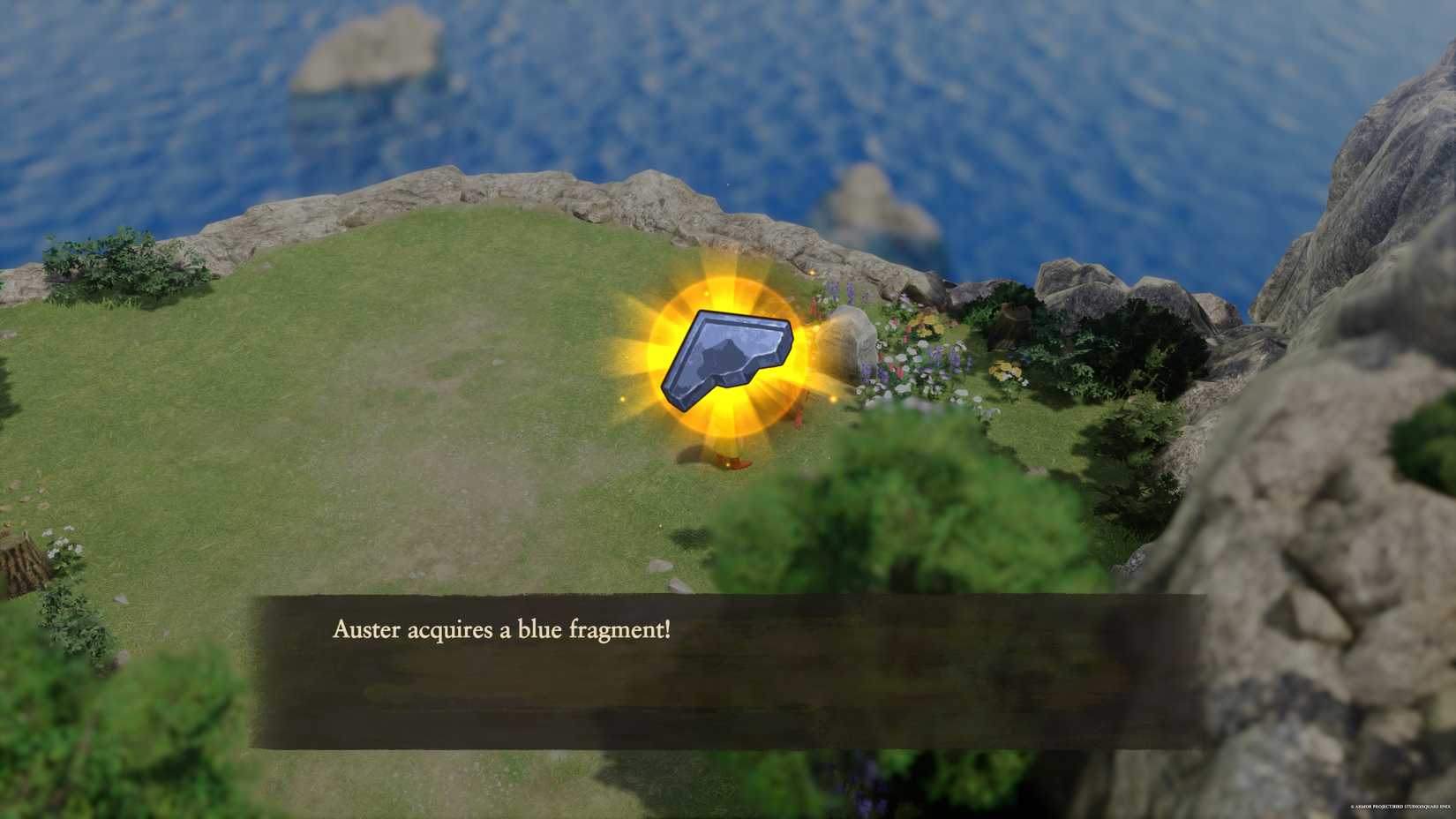 Aishe gives the party a blue fragment in the Roamer Encampment region in Dragon Quest 7 Reimagined.