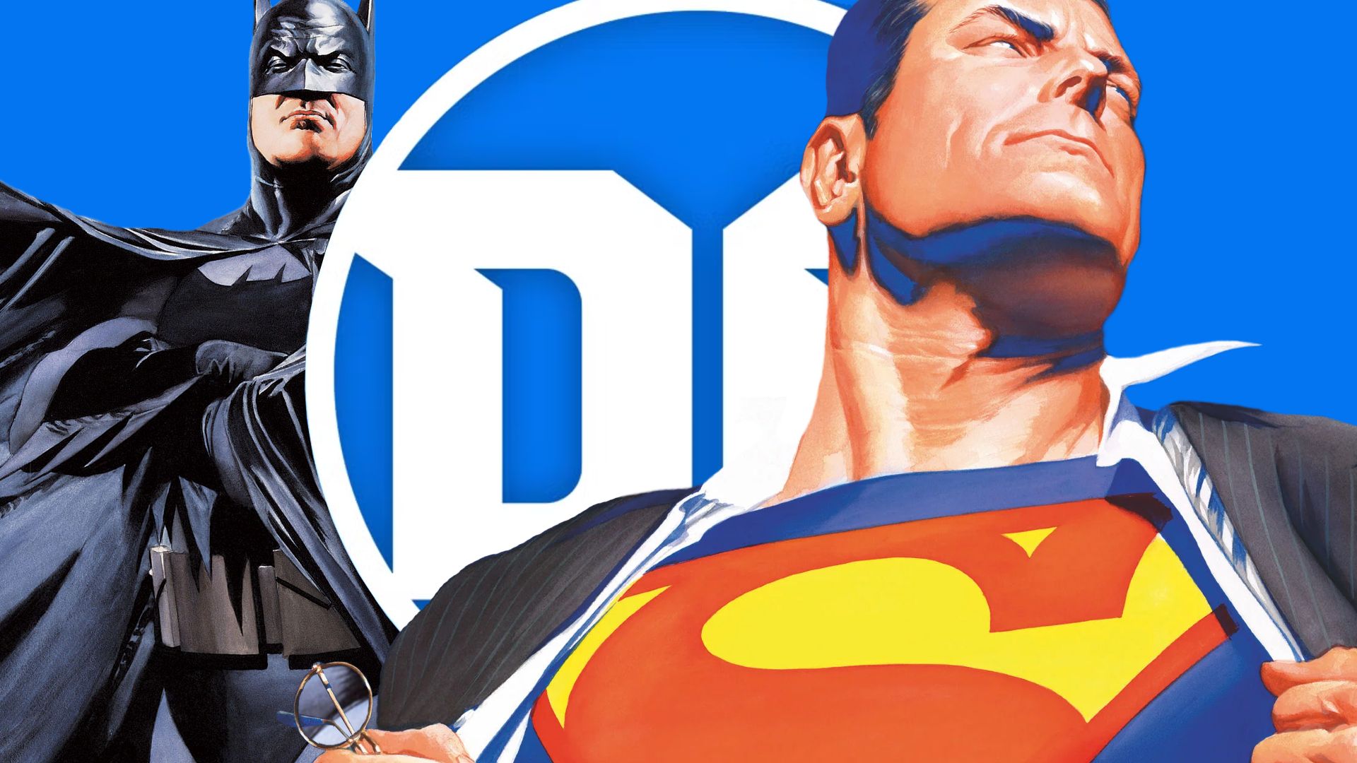 alex ross' superman and batman alongside the dc logo