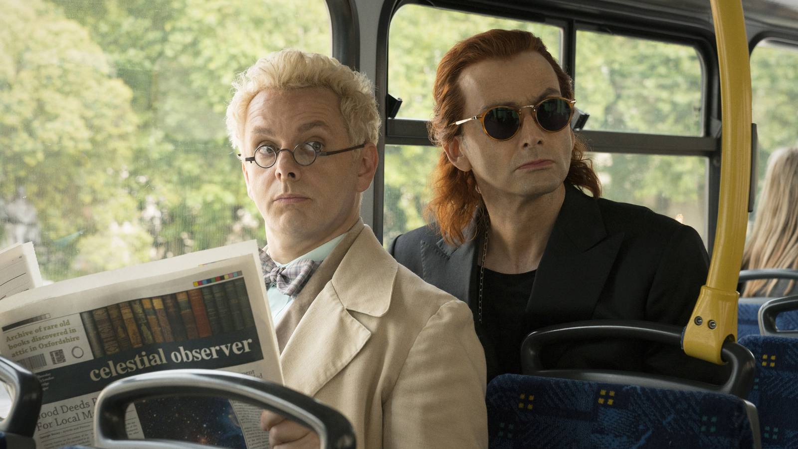 Aziraphale and Crowley on the bus in Good Omens