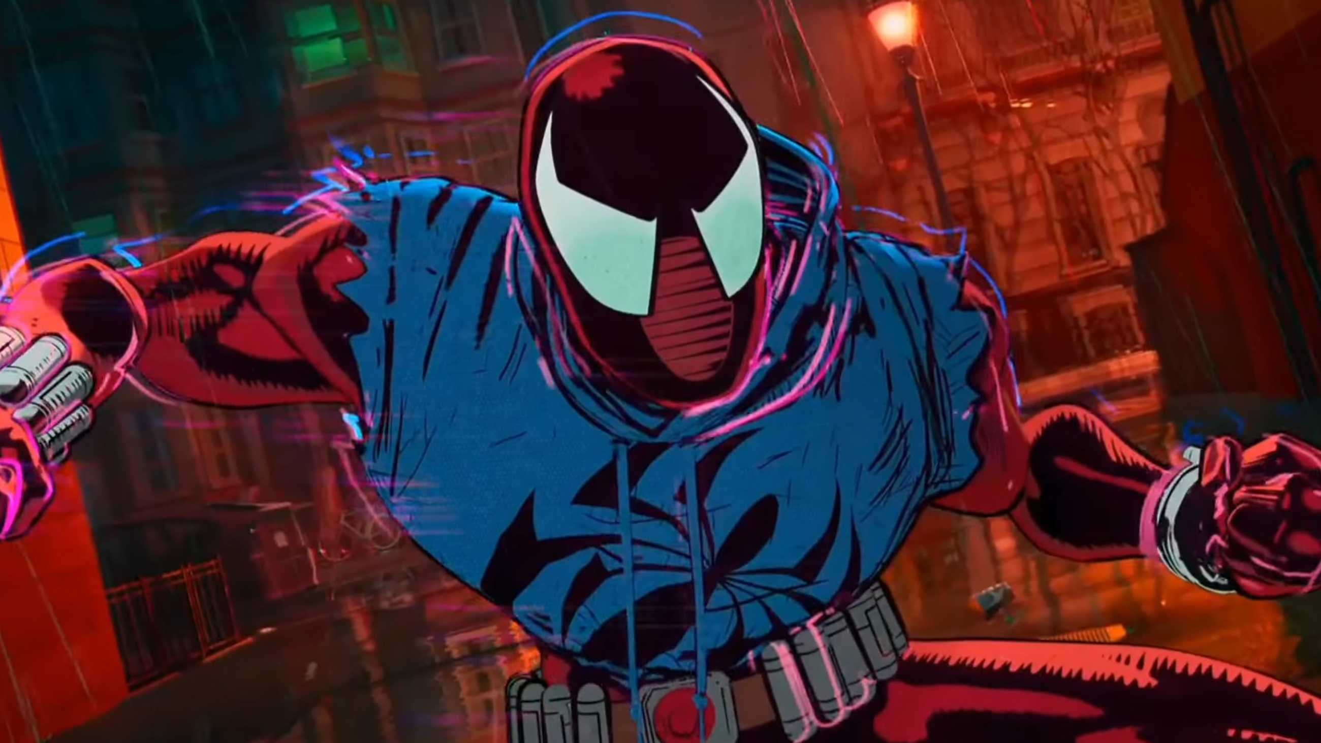 Ben Reillys Scharlachrote Spinne in Kampfpose in Spider-Man: Across the Spider-Verse