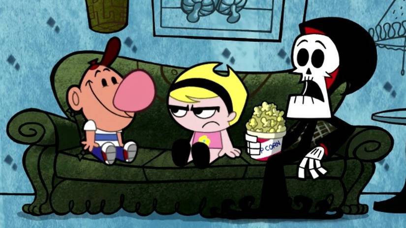 Billy, Mandy e Grim sentados juntos no sofá
