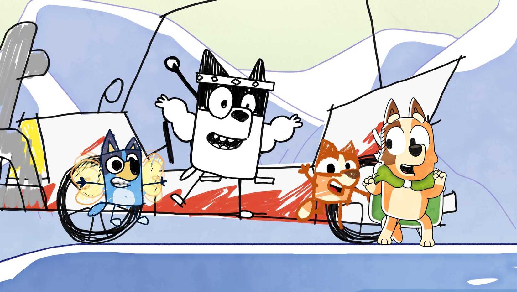 bluey episode dragon, showing the characters in different art styles