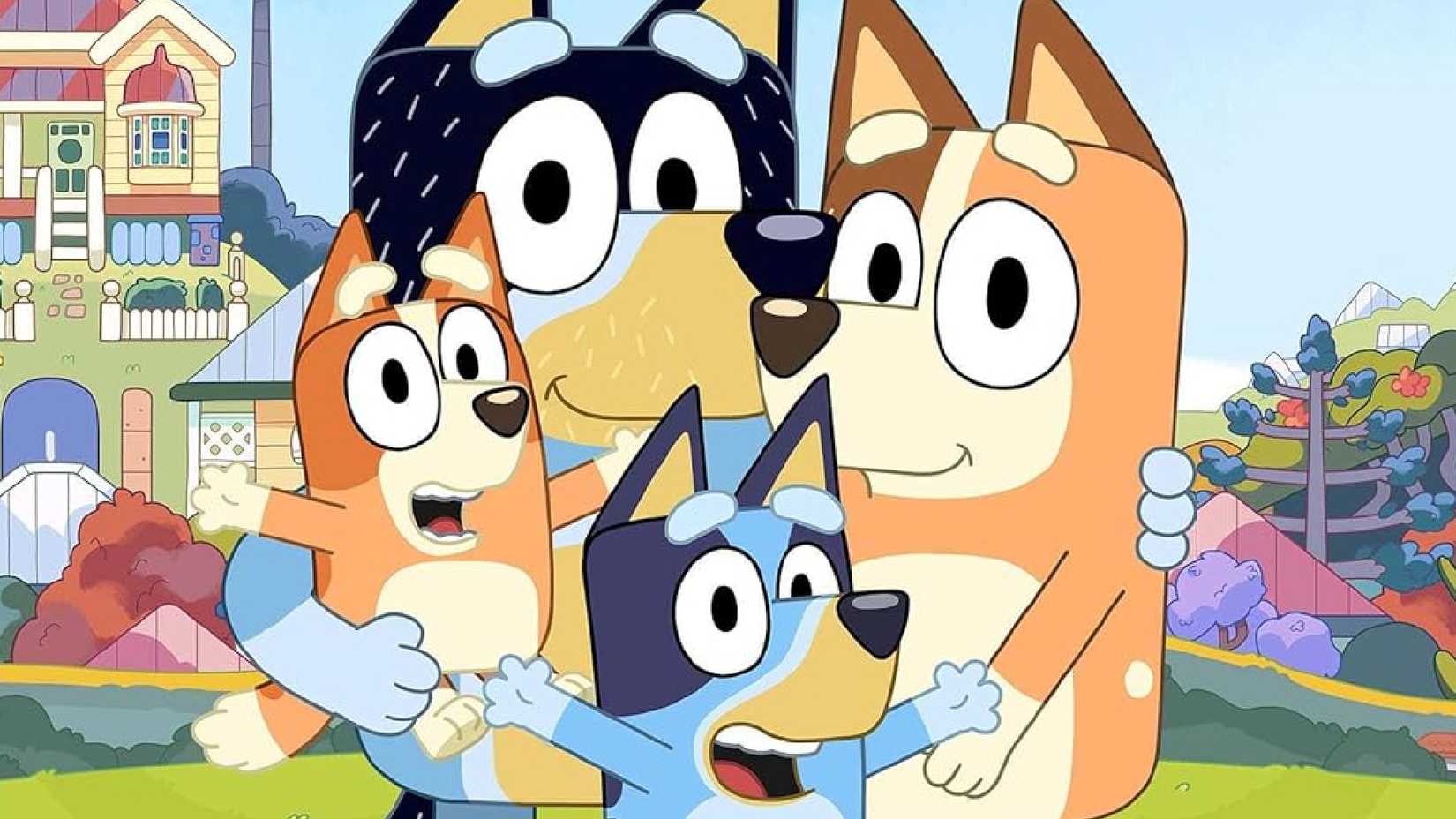 bluey's family in promo art, including bingo, dad bandit and mom chilli