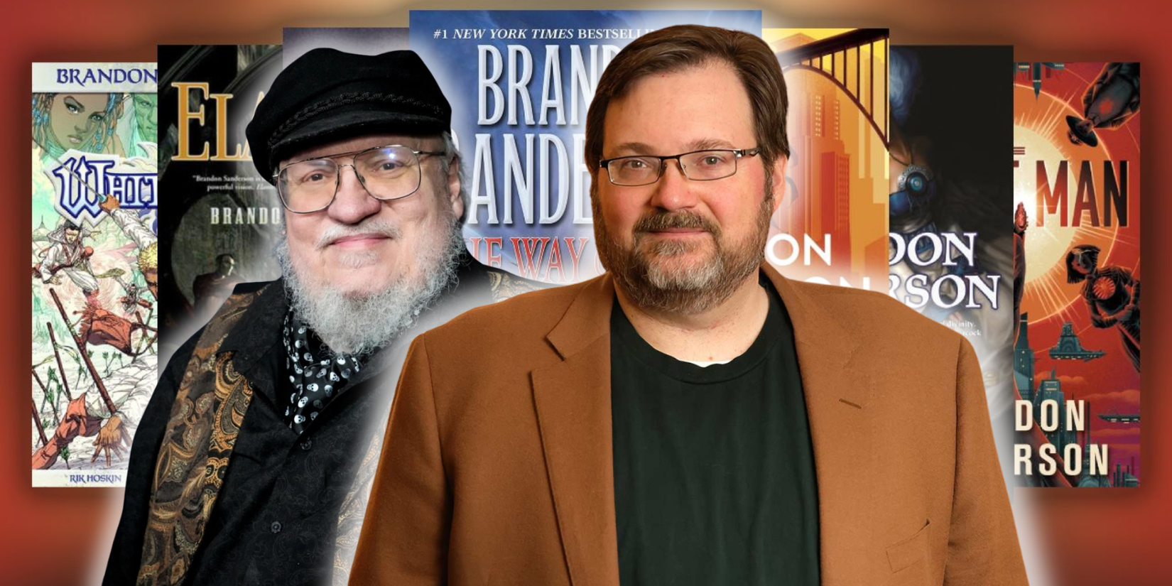 Brandon Sanderson e George R.R. Martin em frente aos livros Cosmere de Sanderson