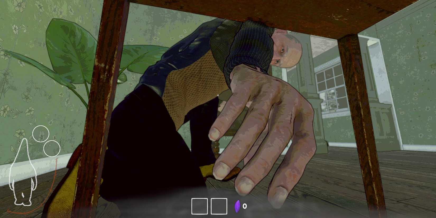 Eine Person, die in Burglin' ​​Gnomes unter einen Tisch greift