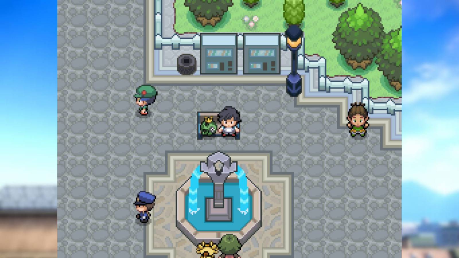 A town center and fountain in Pokemon Burning Scales