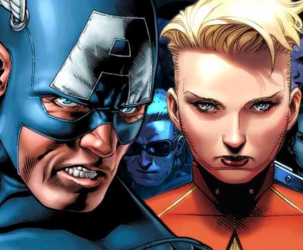 Iron Man Introduces New AIM Civil War To Marvel Lore 1 Captain America and Captain Marvel look at the camera in front of the Avengers during Marvel's Civil War