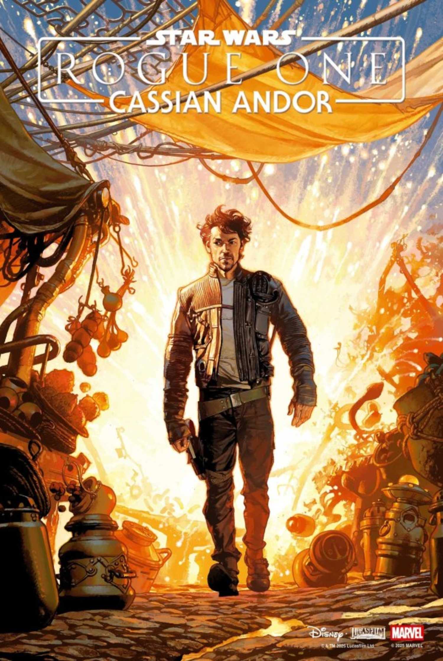 Capa variante de HQ de Cassian Andor, com o personagem se afastando de uma explosão.