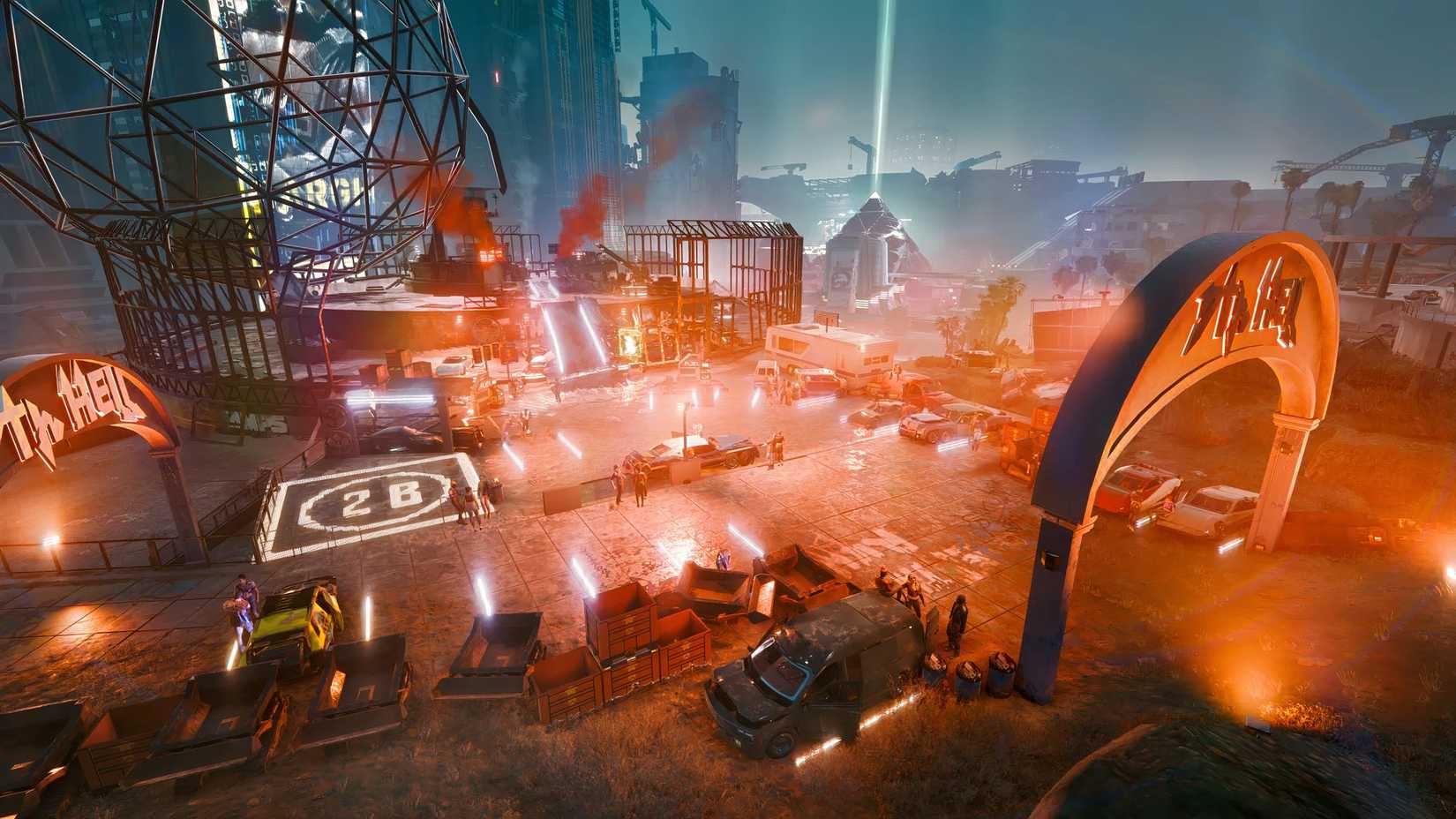 Das Bild zeigt ein Dogtown-Autotreffen in Cyberpunk 2077