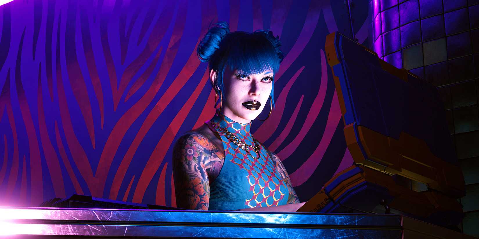 An NPC worker behind a counter in Cyberpunk 2077