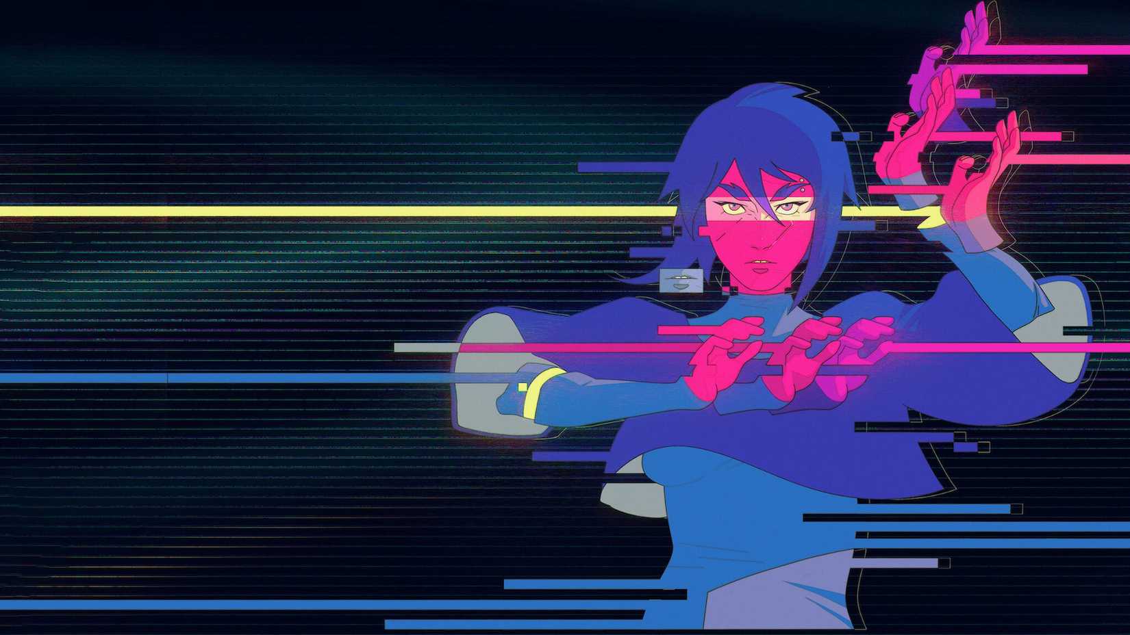 Eine glitzernde, mehrfarbige Figur aus der Cyberpunk-Serie Pantheon.