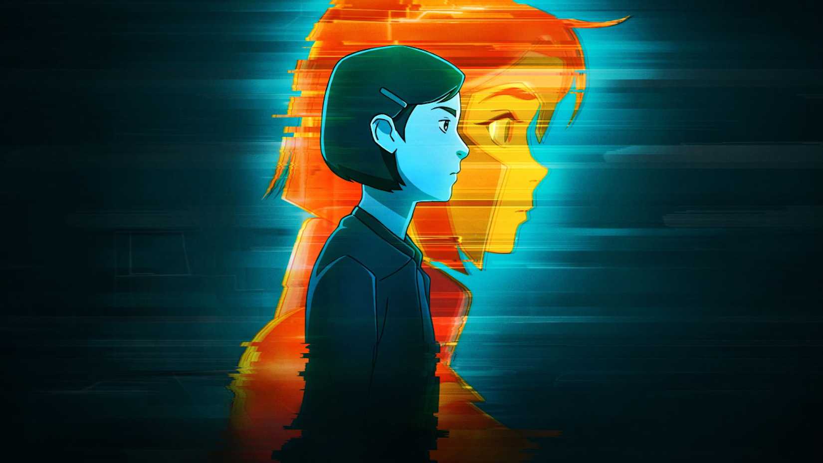 A girl standing in front of a hologram in the cyberpunk series Pantheon.