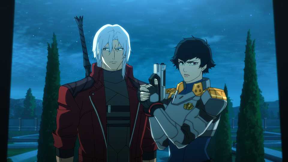 Dante and Mary Ann Arkham enter through a doorway together in Devil May Cry season 2