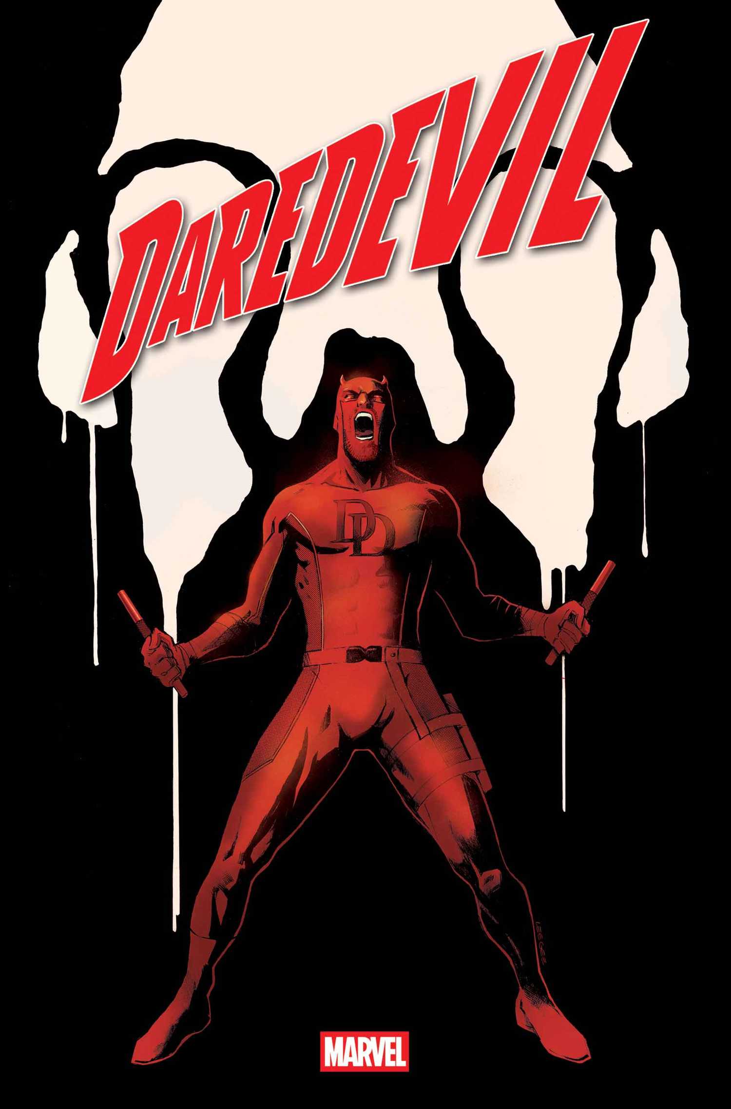 Das Cover von Daredevil 2 zeigt den Mann ohne Angst, der brüllt, mit dem Logo des neuen Bösewichts Omen hinter sich