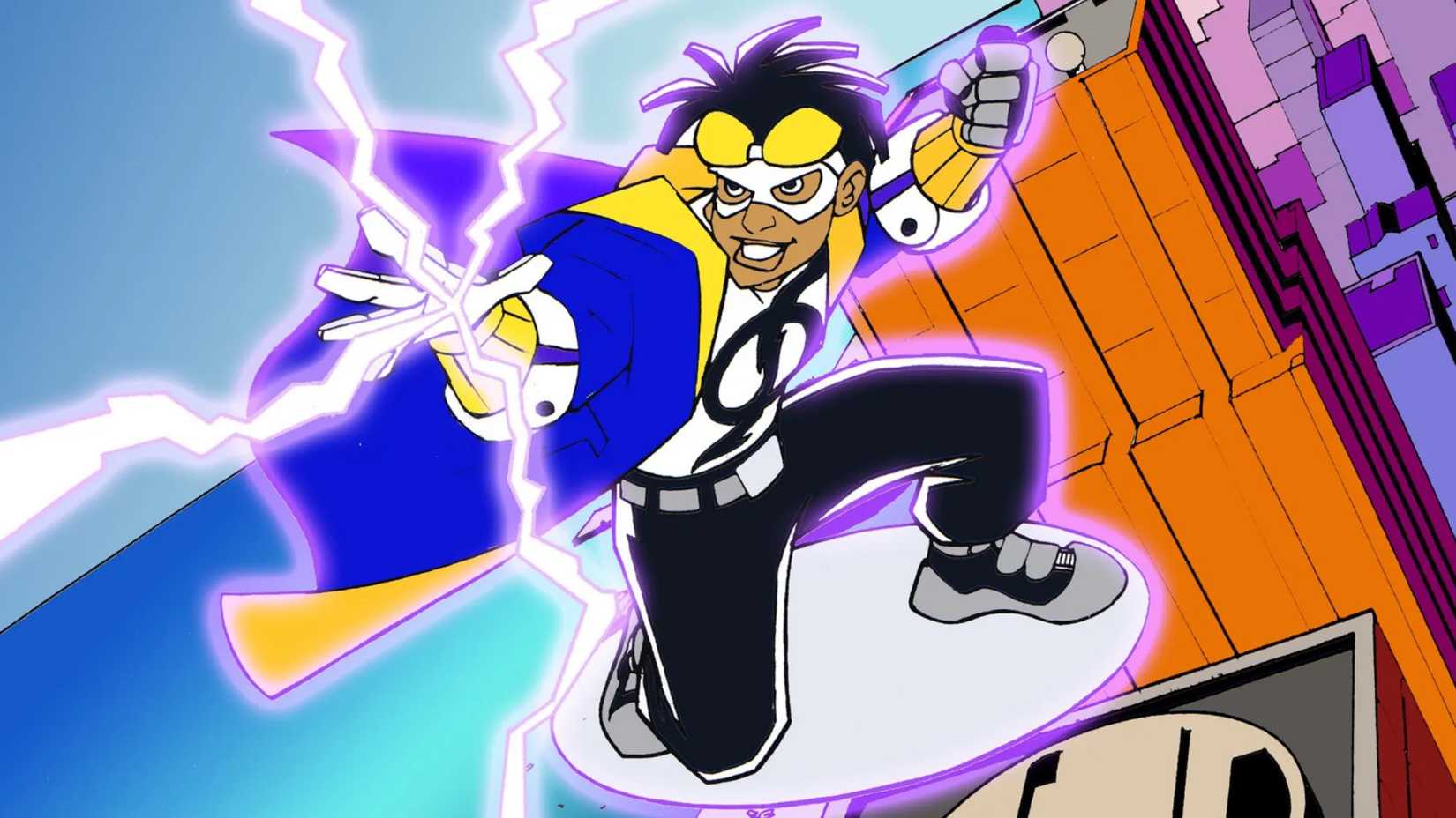 Static на своем диске, улыбающийся и стреляющий электричеством из рук.