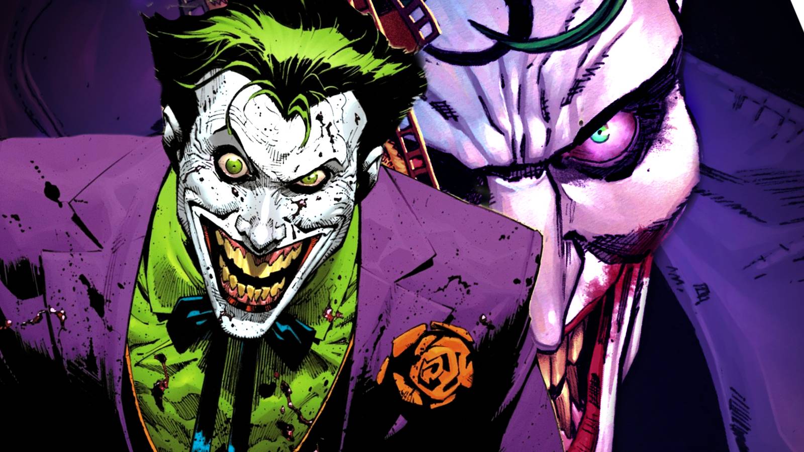 DC Comics' The Joker laughs while splattered with blood
