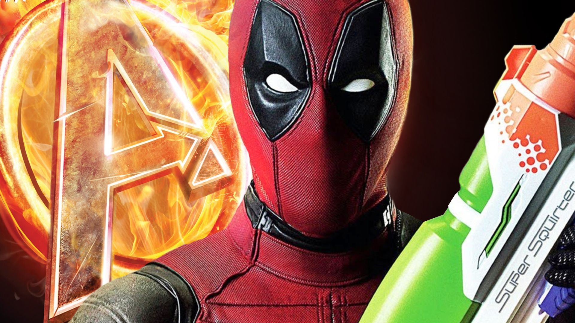 deadpool holding a water gun by flaming avengers logo