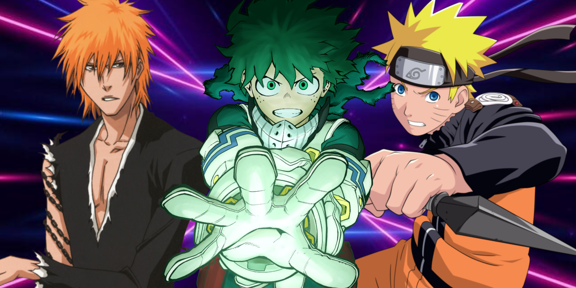 Deku, Ichigo, and Naruto in front of a neon background - Anime Feature Image