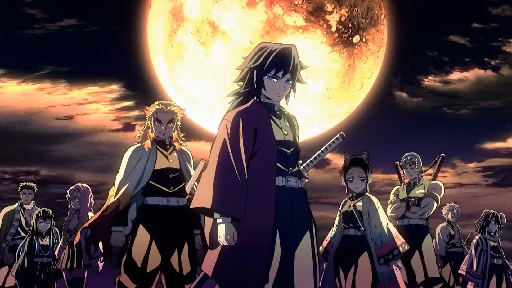 Demon Slayer's Hashira standing together in formation with the moon looming large and bright behind them.