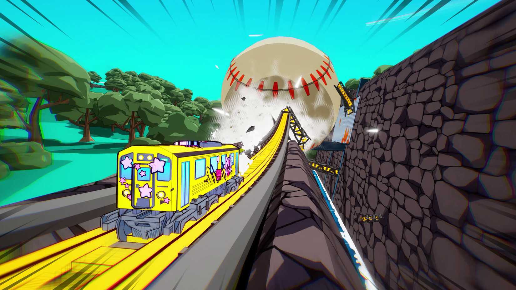 Denshattack screenshot of bus racing on rails toward giant baseball