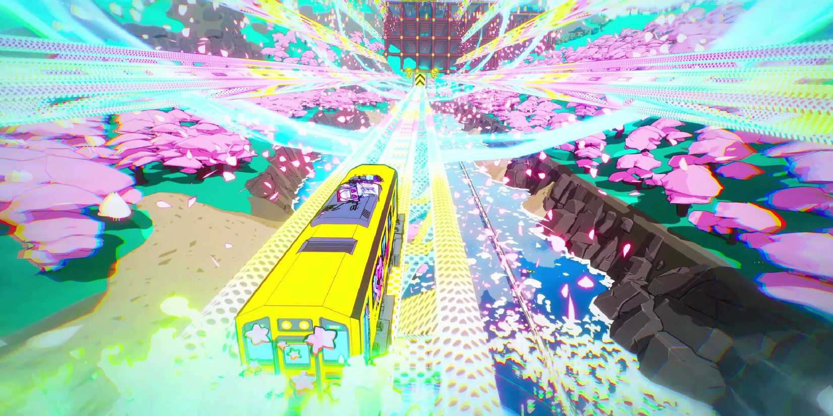Denshattack train racing through sakura