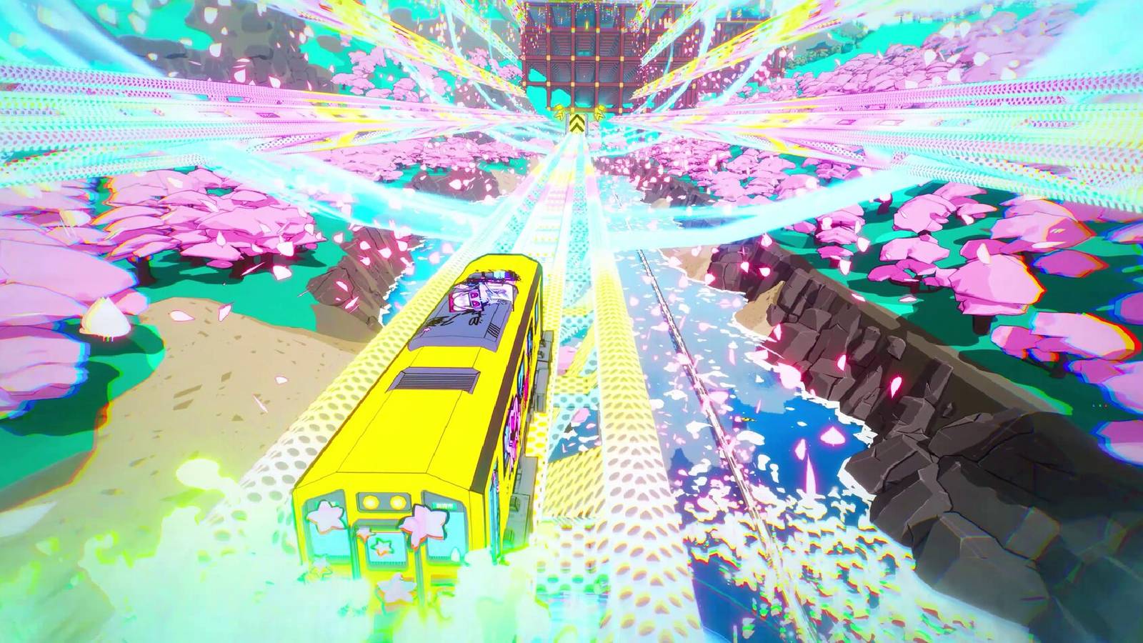 Denshattack train racing through sakura