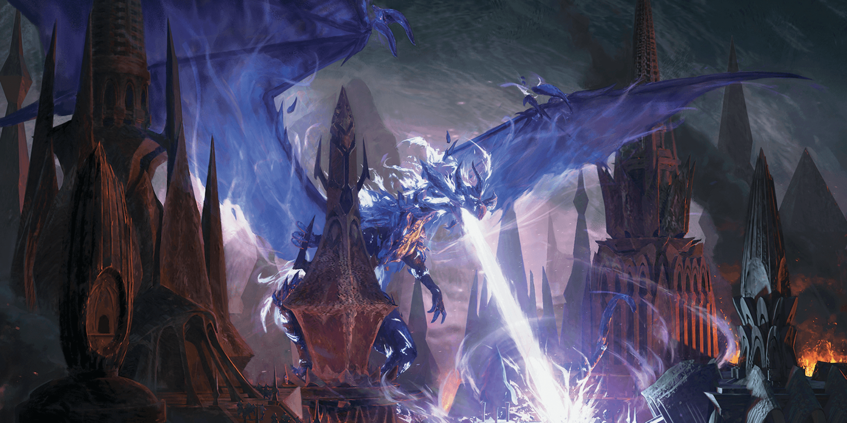 A gem greatwyrm blasts lightning down into a city in Dungeons and Dragons artwork.