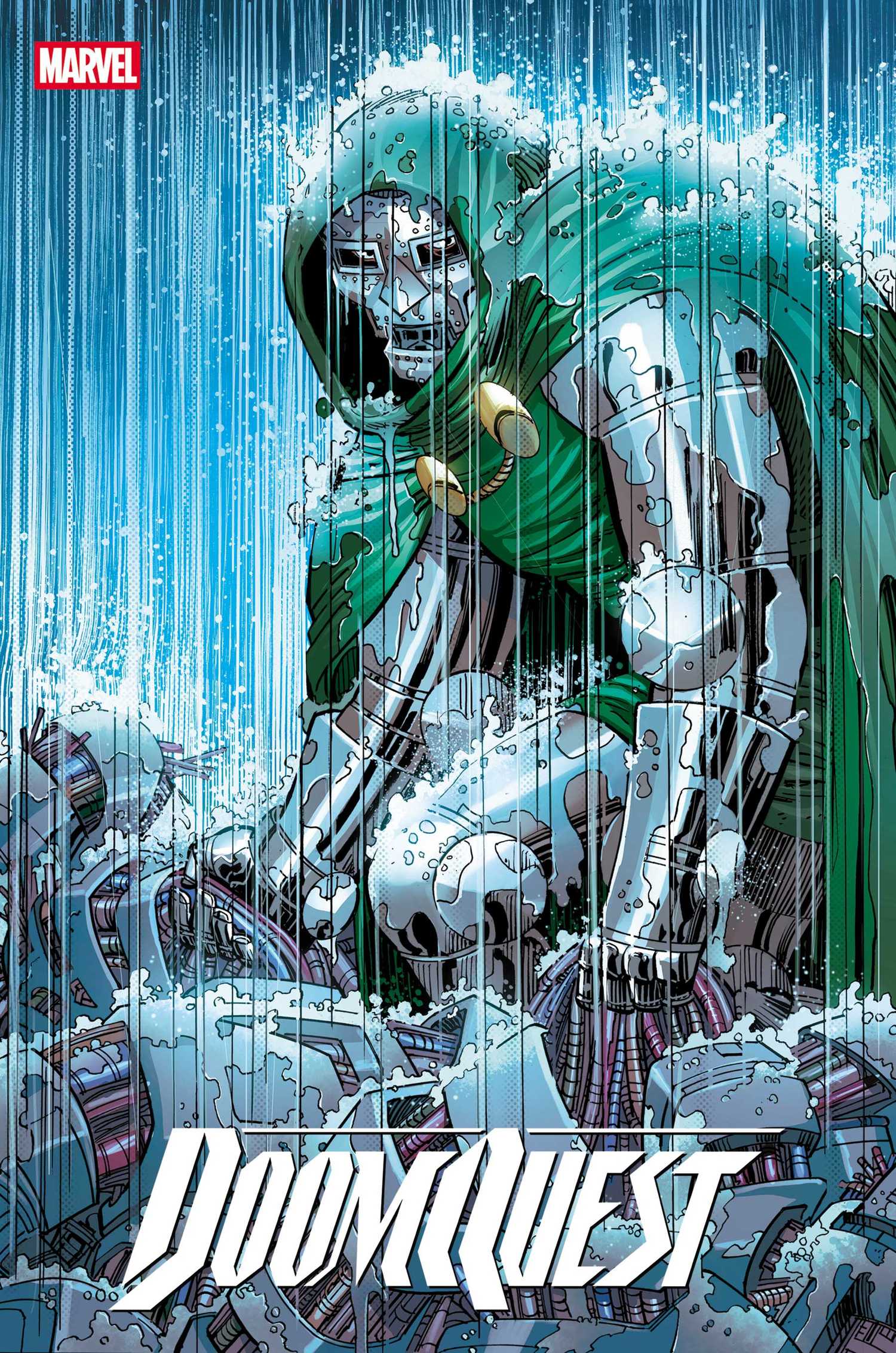 Doomquest 1-Cover, auf dem Doctor Doom im Regen kämpft
