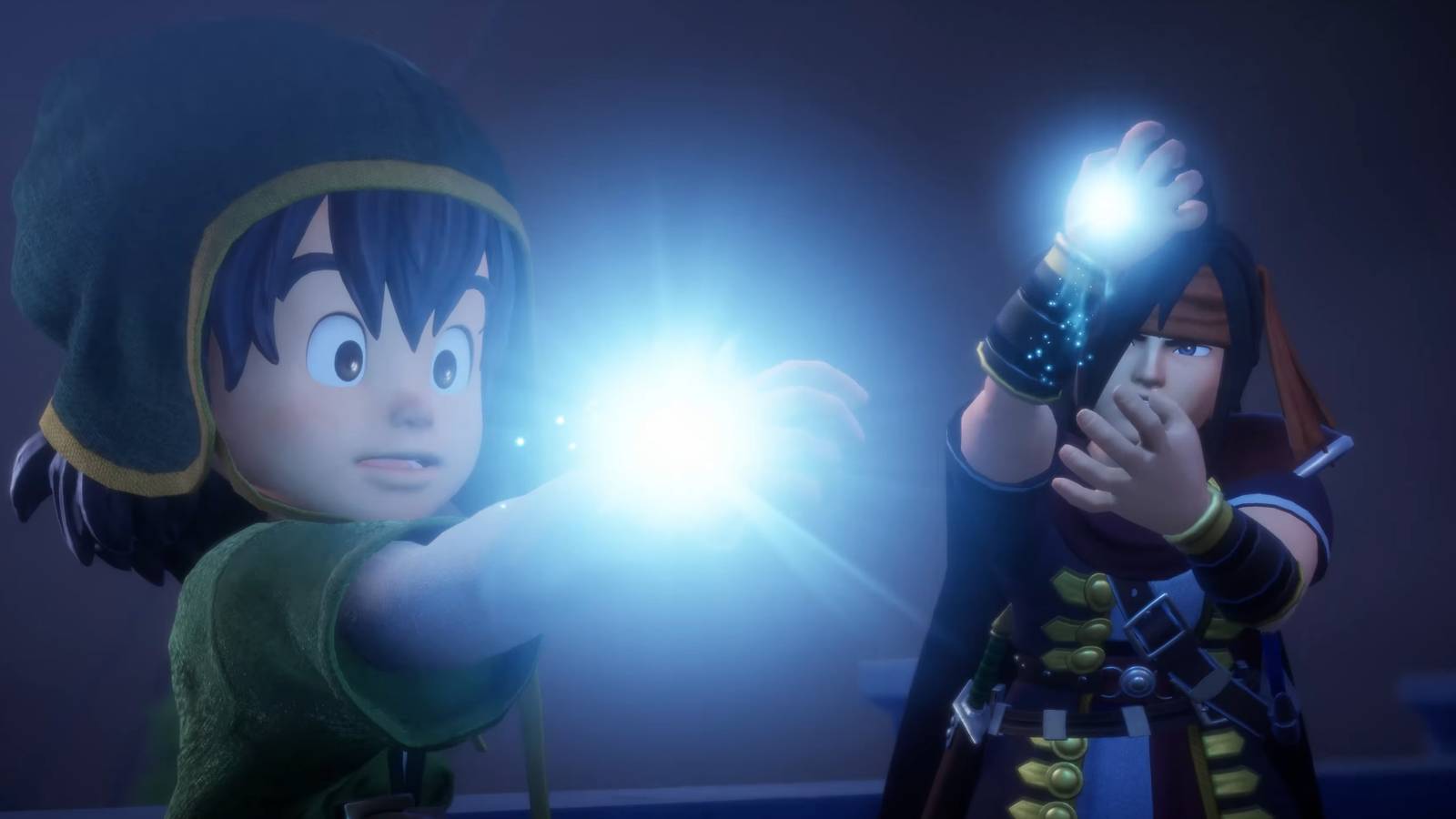 Dragon Quest 7 Reimagined's hero and another character in black robes looking at their hands, which are glowing with blue light.