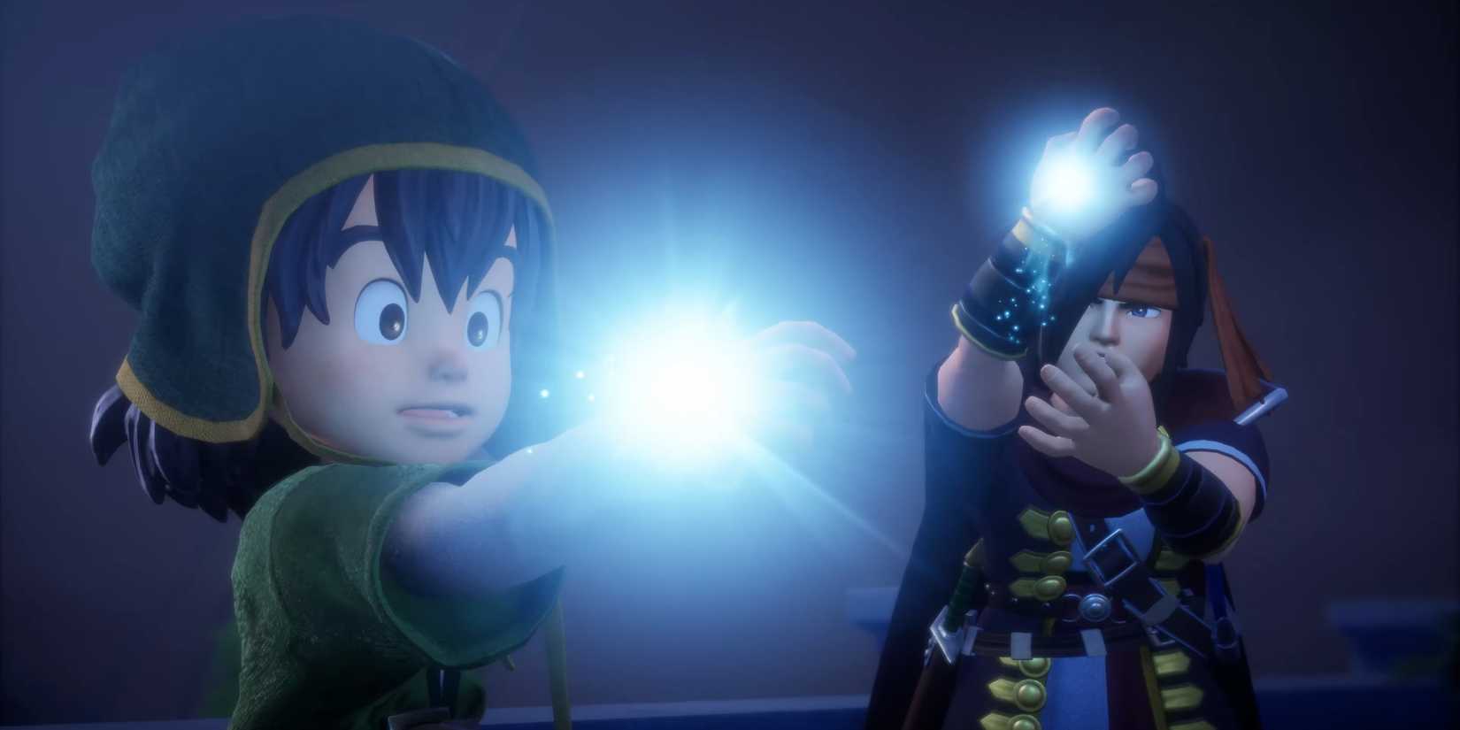 Dragon Quest 7 Reimagined's hero and another character in black robes looking at their hands, which are glowing with blue light.