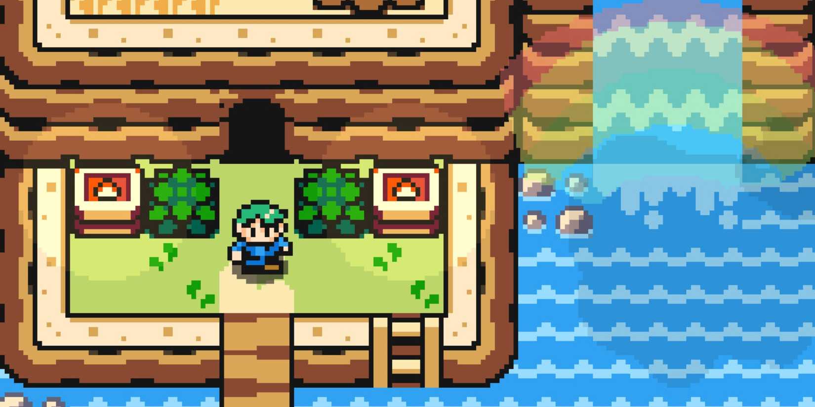 Aster está afuera de una cueva cerca de una cascada en Echo Isle.