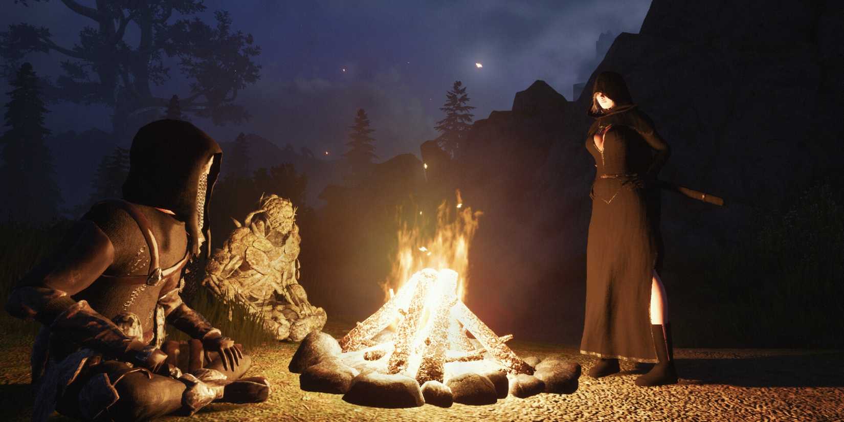 Characters gather around a campsite in Endalor.