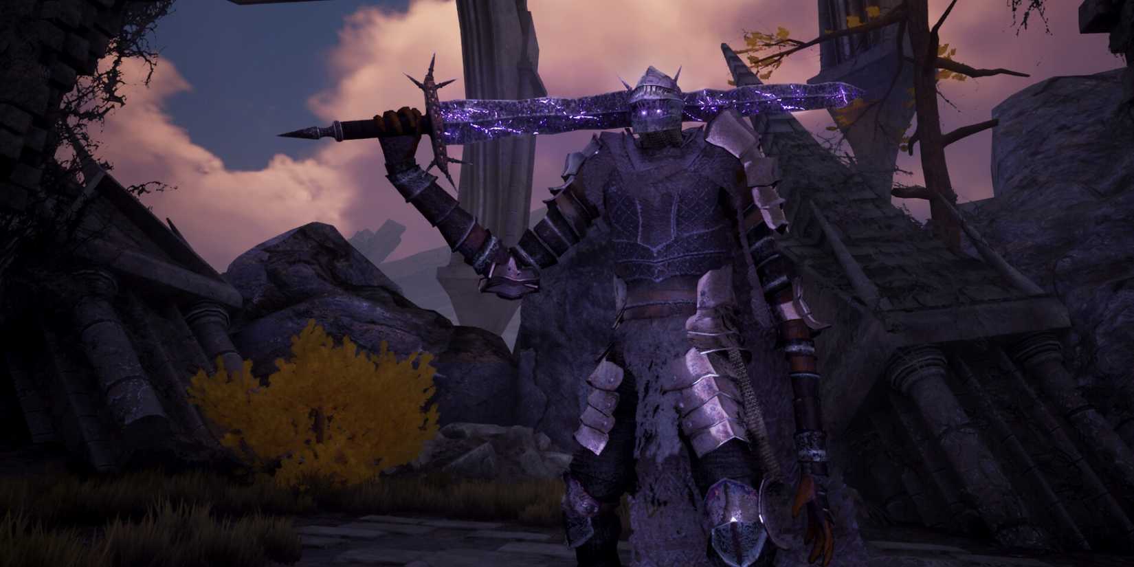 A Knight enemy from Endalor rests their sword on their shoulder.