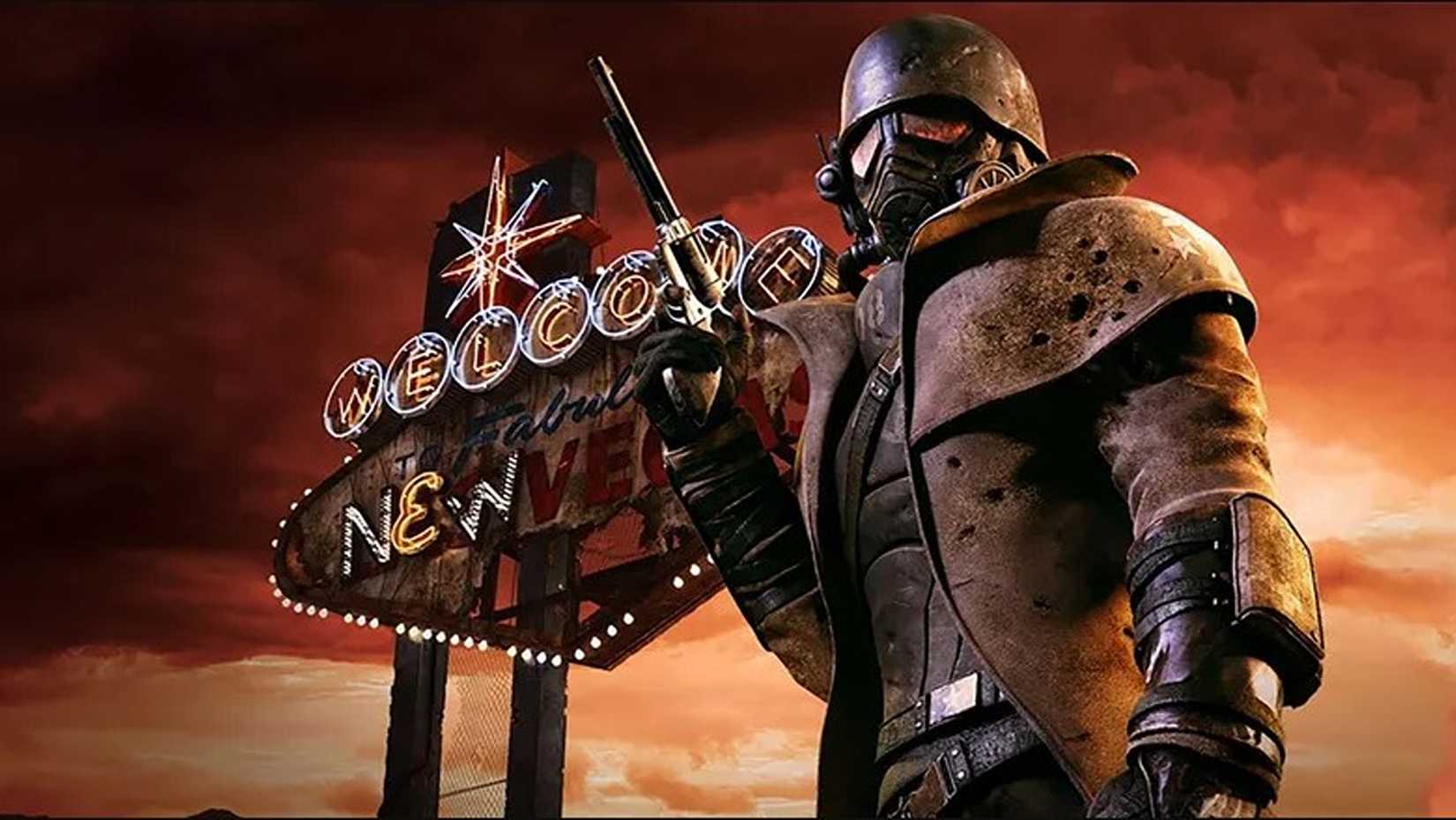 Рanger из NCR стоит перед знаком New Vegas в Fallout