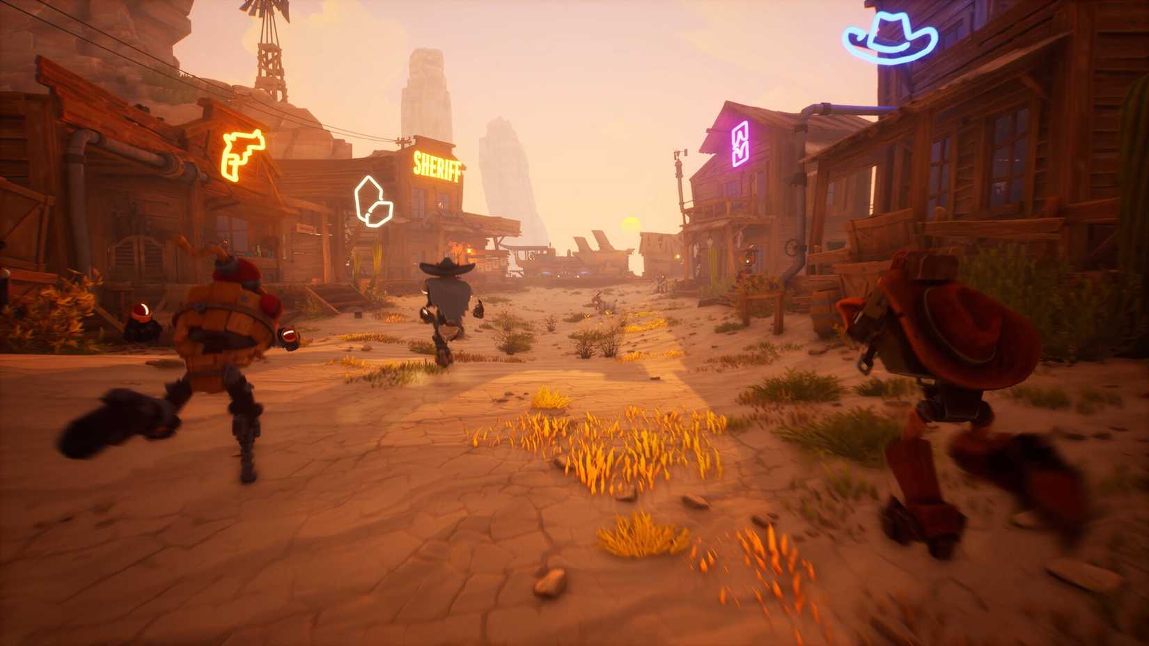 Far Far West robot cowboys running through an old timey town