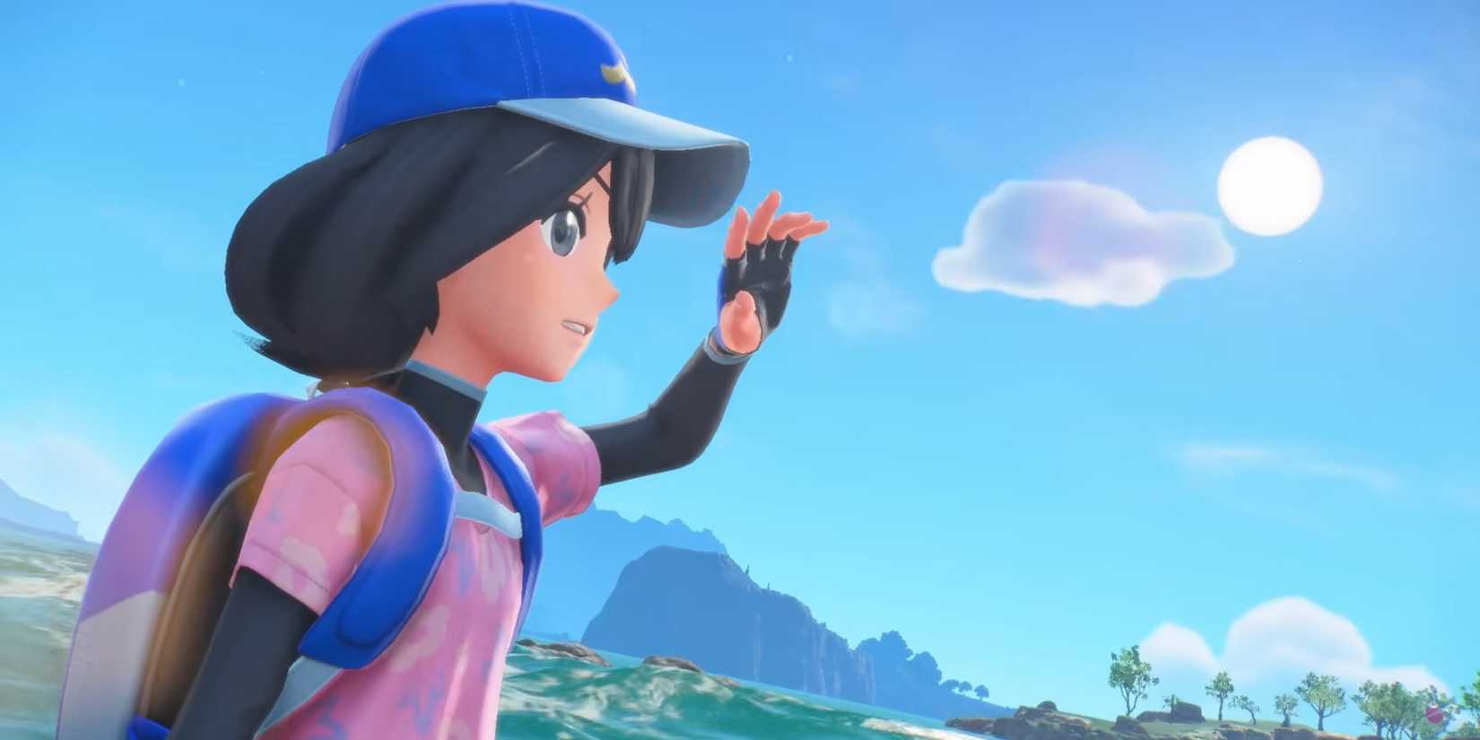 Female Pokemon Trainer from Pokemon Winds and Waves looking out over the sea at an island