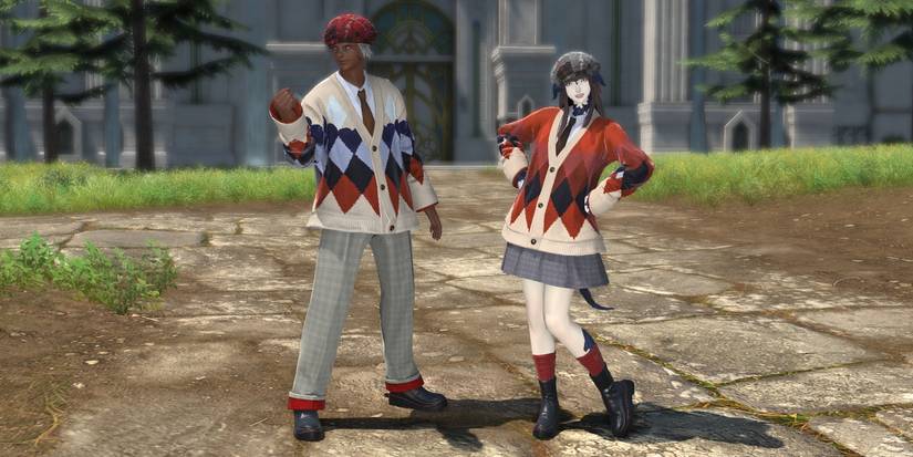 Two Final Fantasy 14 characters pose with matching Valentione's Day gear.