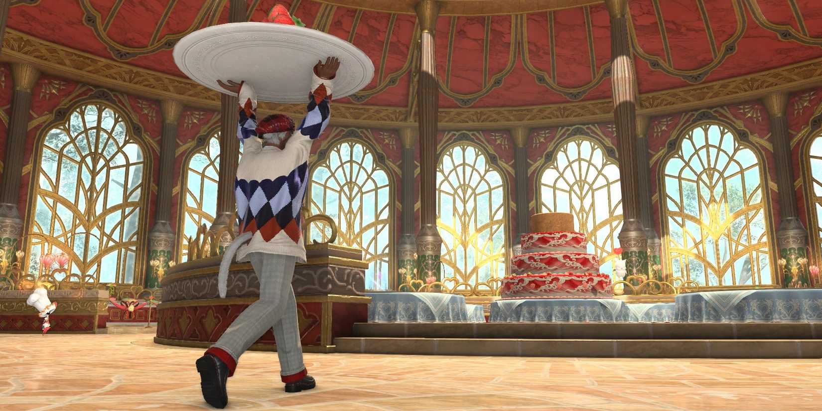 A Final Fantasy 14 character wearing a cardigan carries a huge plate as they walk toward a huge cake. 