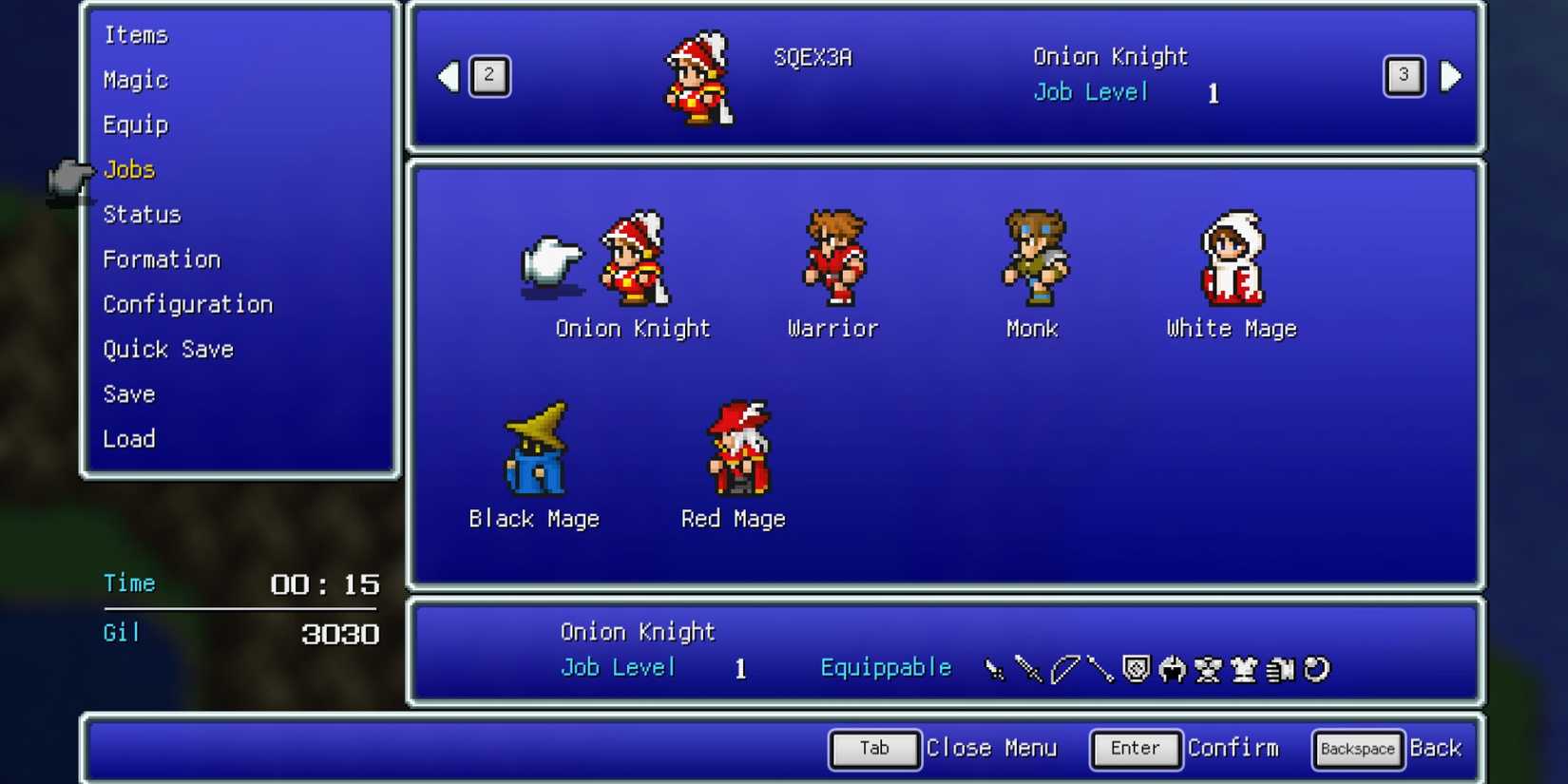 Das Jobsystem wird im Final Fantasy 3 Pixel Remaster-Menü hervorgehoben.