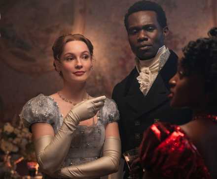 Francesca and John with Michaela and a gentleman in Bridgerton season 4 Cr. Liam Daniel/Netflix © 2025