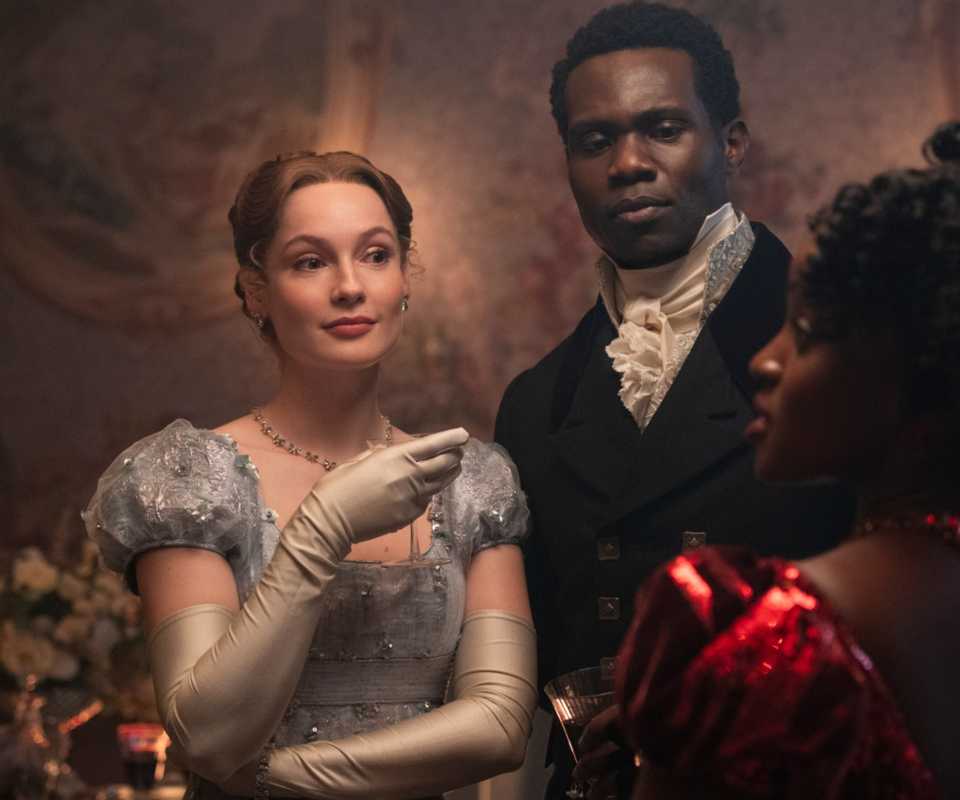Francesca and John with Michaela and a gentleman in Bridgerton season 4 Cr. Liam Daniel/Netflix © 2025