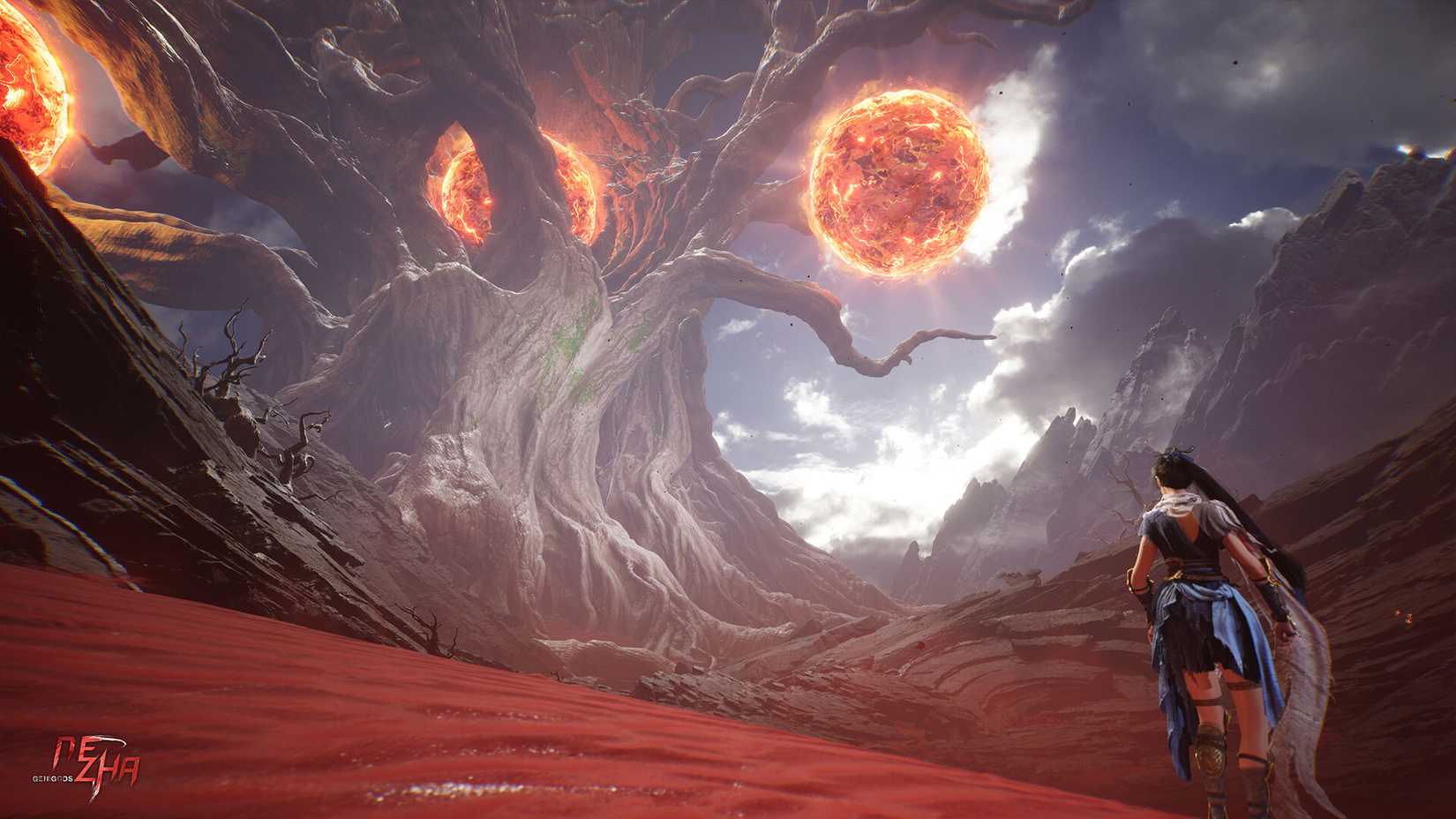 GeniGods Nezha main character standing in front of a mystical tree