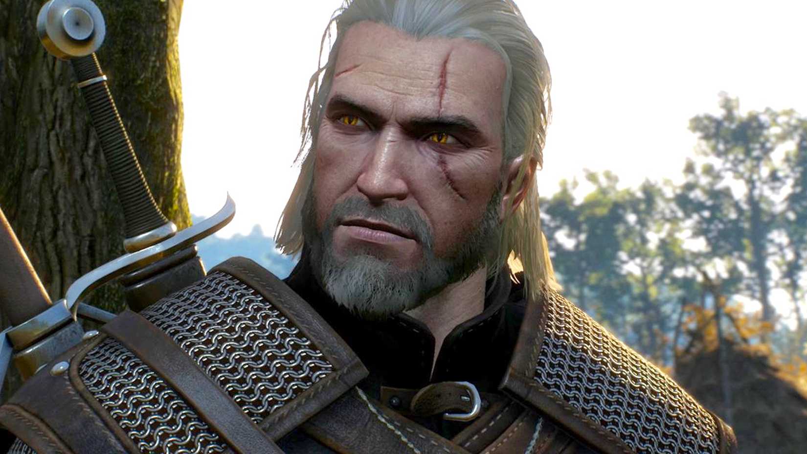 Geralt of Rivia in full armor with a sword on his back in The Witcher 3 Game