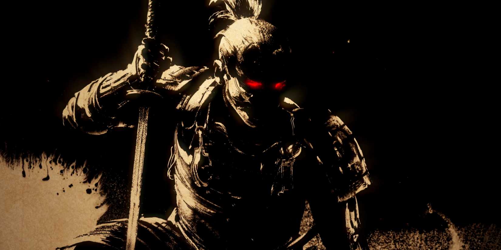 A silhouette fashioned out of black ink on parchment kneeling and holding a katana, its eyes are glowing red.