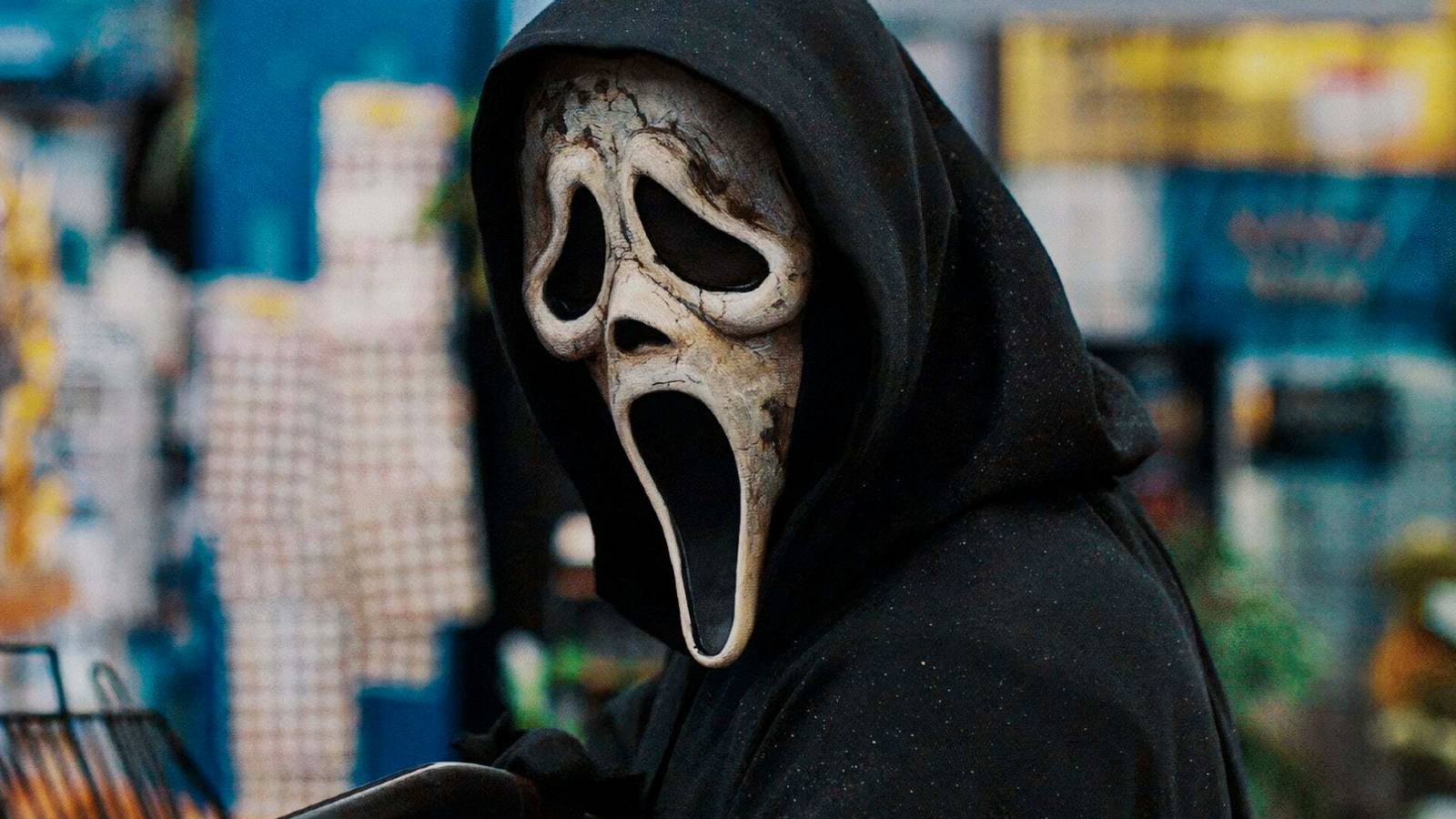 Ghostface looking intensely toward the camera in a convenience store in Scream 6
