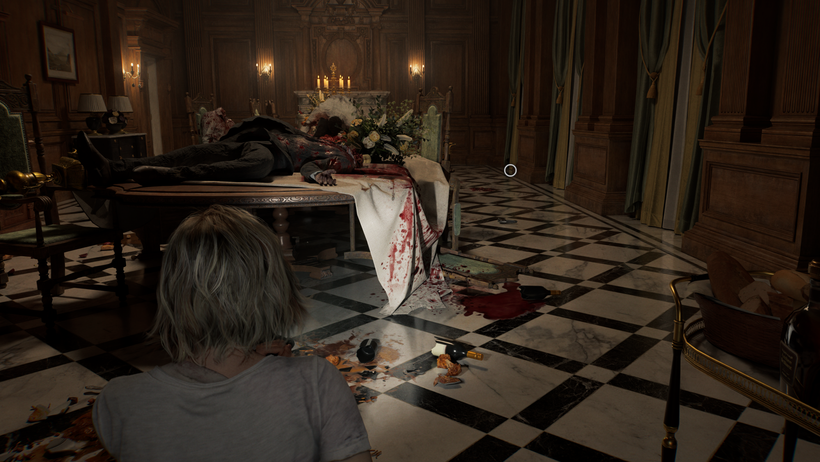 Grace enters a dining room and sees a gun on the floor