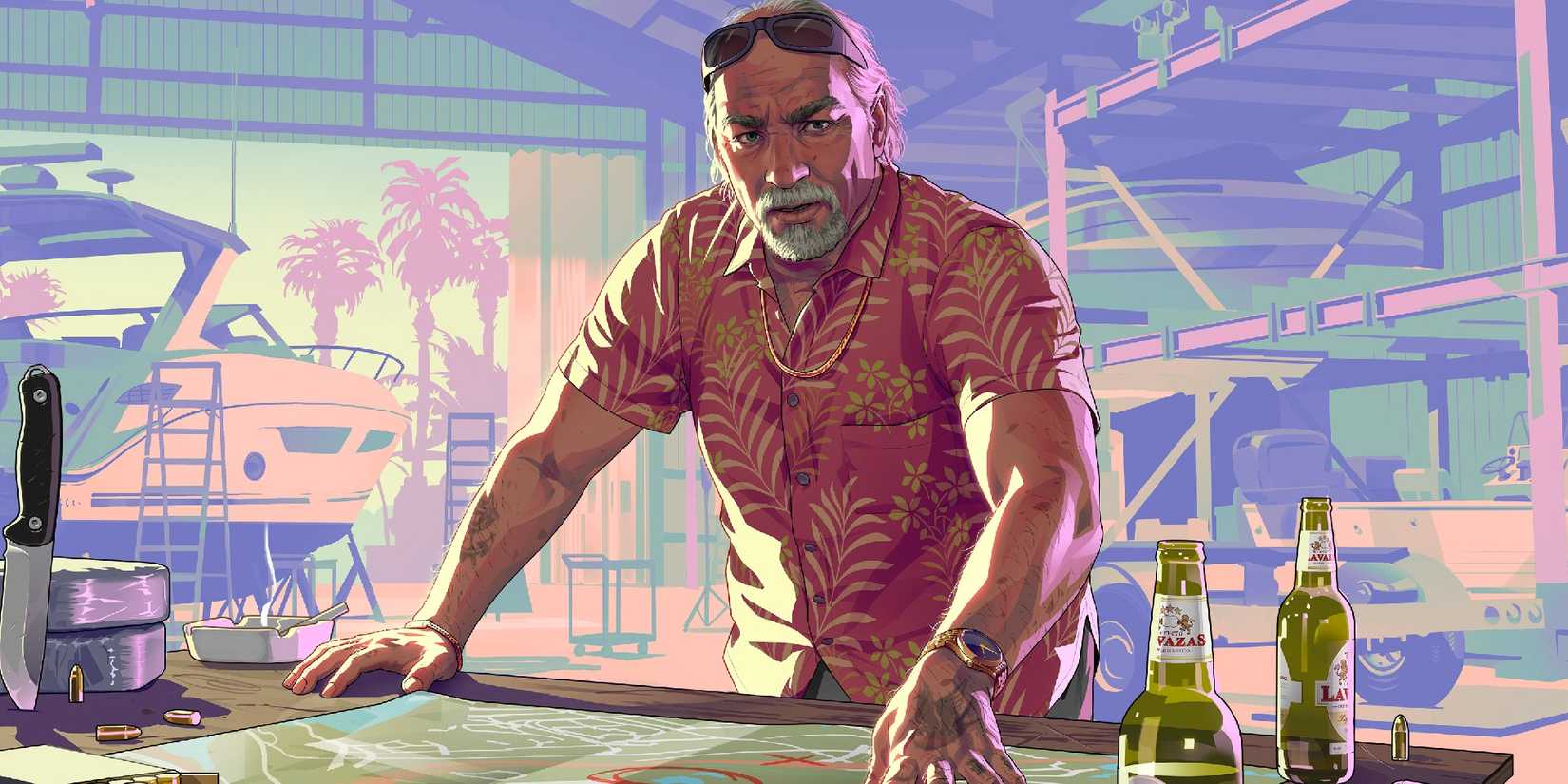 GTA 6 character in a pink shirt standing with his hand on a table