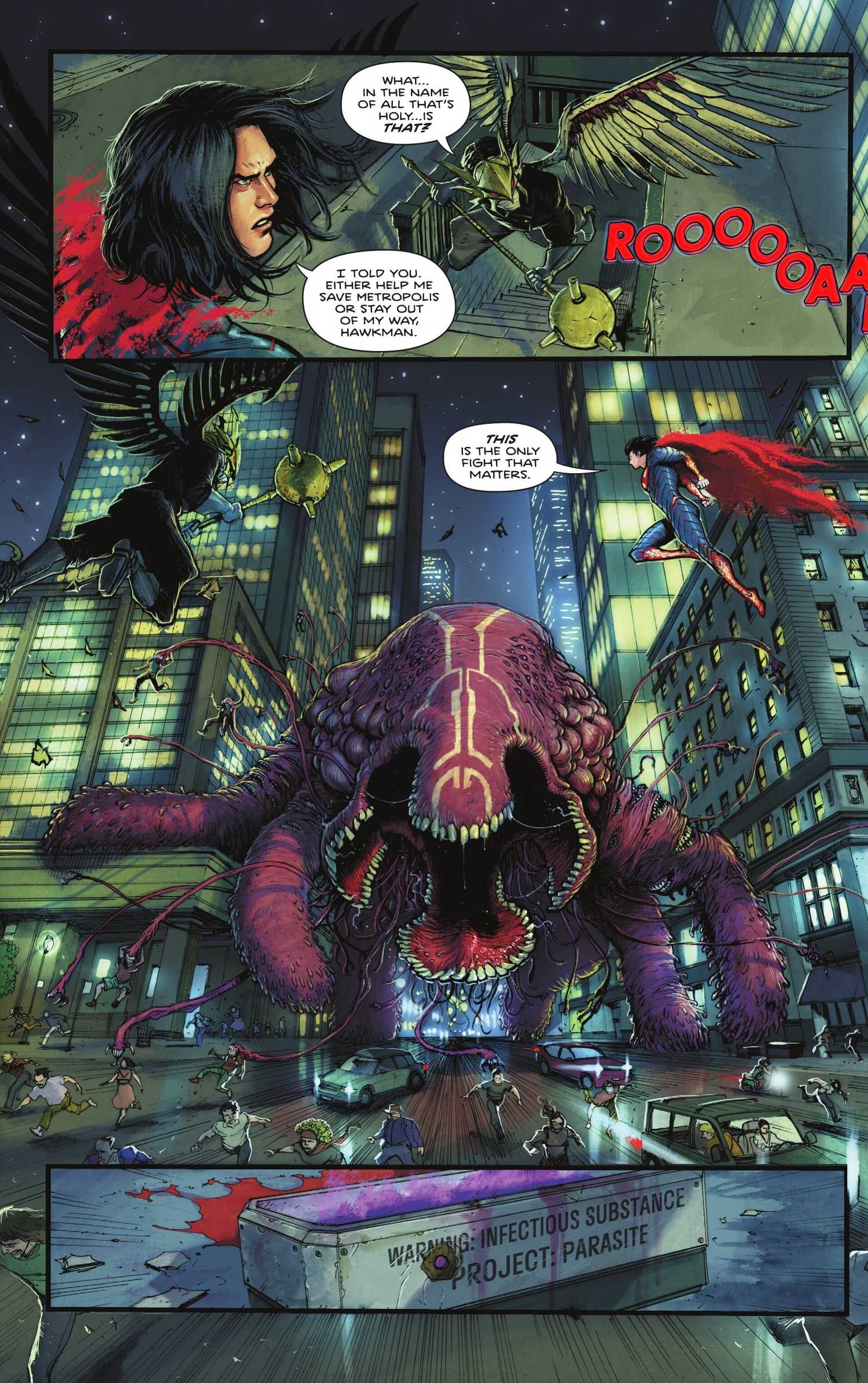 Hawkman und Superman stehen vor dem absoluten Parasiten